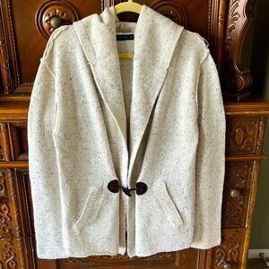 Division E wool blend hood beige speckled long sleeve academia cardigan.